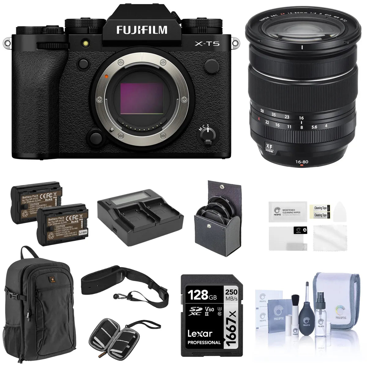 Fujifilm X-T5 Camera, Black w/ XF 16-80mm f/4.0 R OIS WR Lens & Accessory Kit
